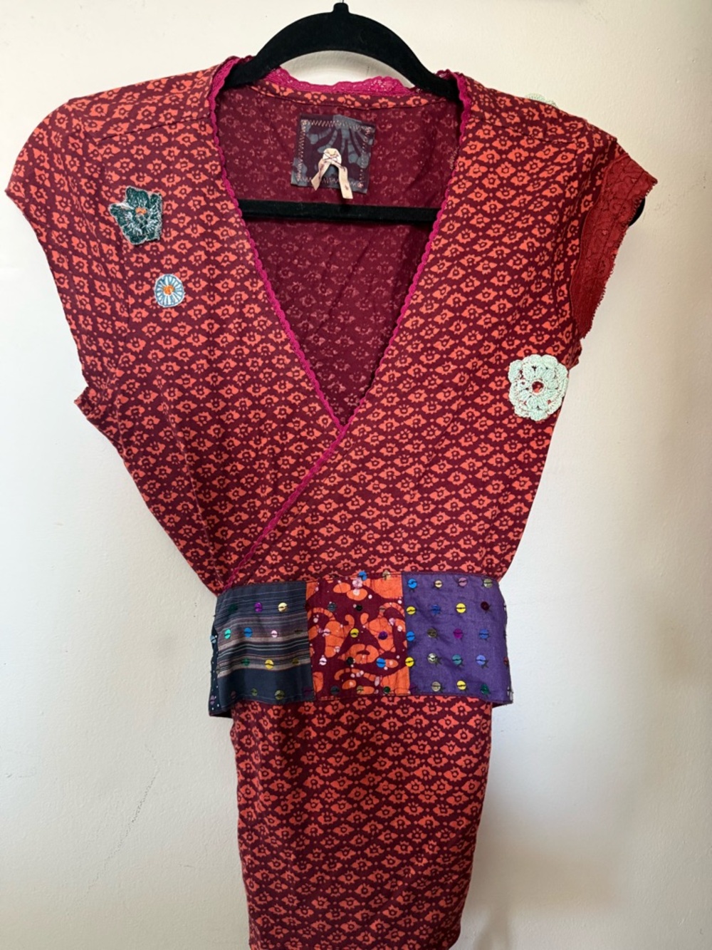 Free People Red Patterned Wrap Tunic with Patchwork Waist